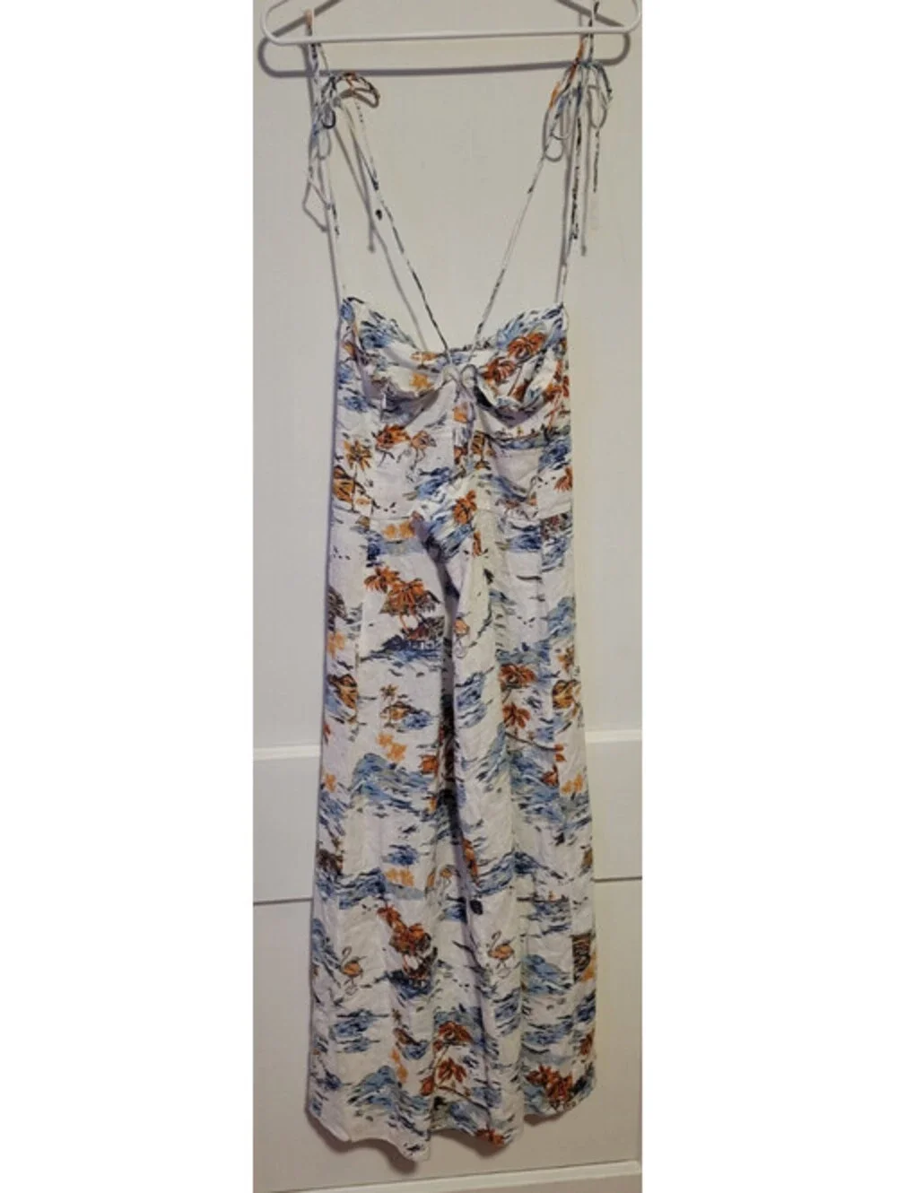 Free People Beach Flowy Midi Dress White Boho Strappy Hawaiian Size 10 Linen